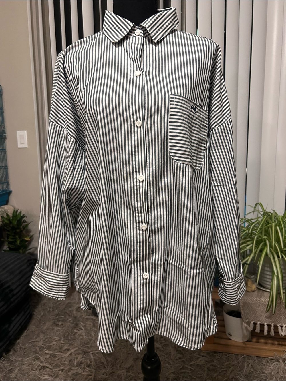 PINK Victoria's Secret Black & White Vertical Stripe Button-Up Shirt
